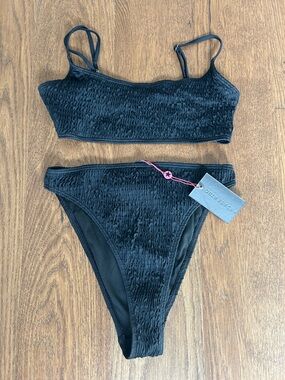 Solid Black Smocked scrunch Bikini Set size 8 high waist, cheeky Brazilian cut